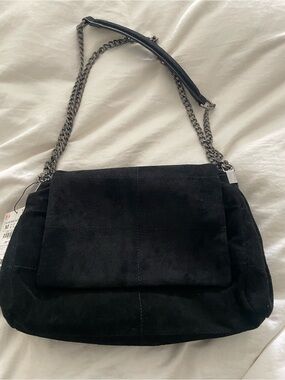 Zara Black Suede Shoulder Bag with Chain Strap